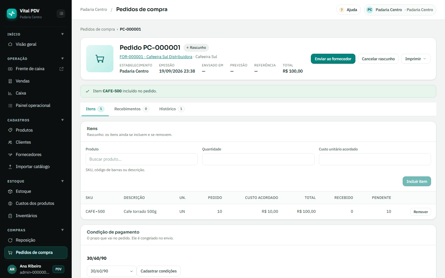 Tela real de um pedido de compra do Vital PDV